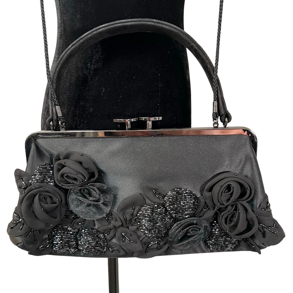 Kate Landry Black Beaded Floral Rosette Clutch Handbag Shoulder Bag